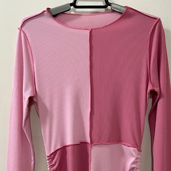 SHEIN Womens Pink Colorblock Ruched LS Bodycon Dress Drawstring Size Medium 6 - Picture 6 of 12